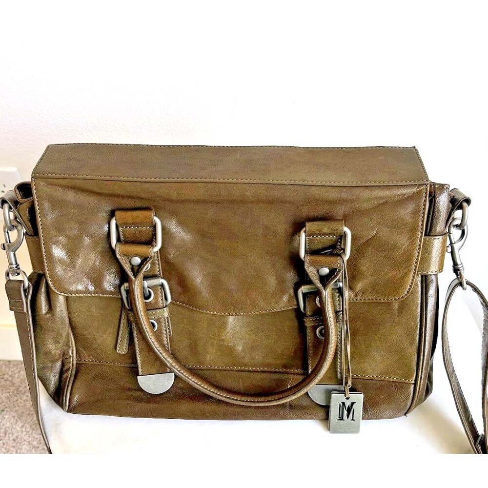 Nicole Miller Olive Leather Crossbody Handbag w/ Dust Bag EUC